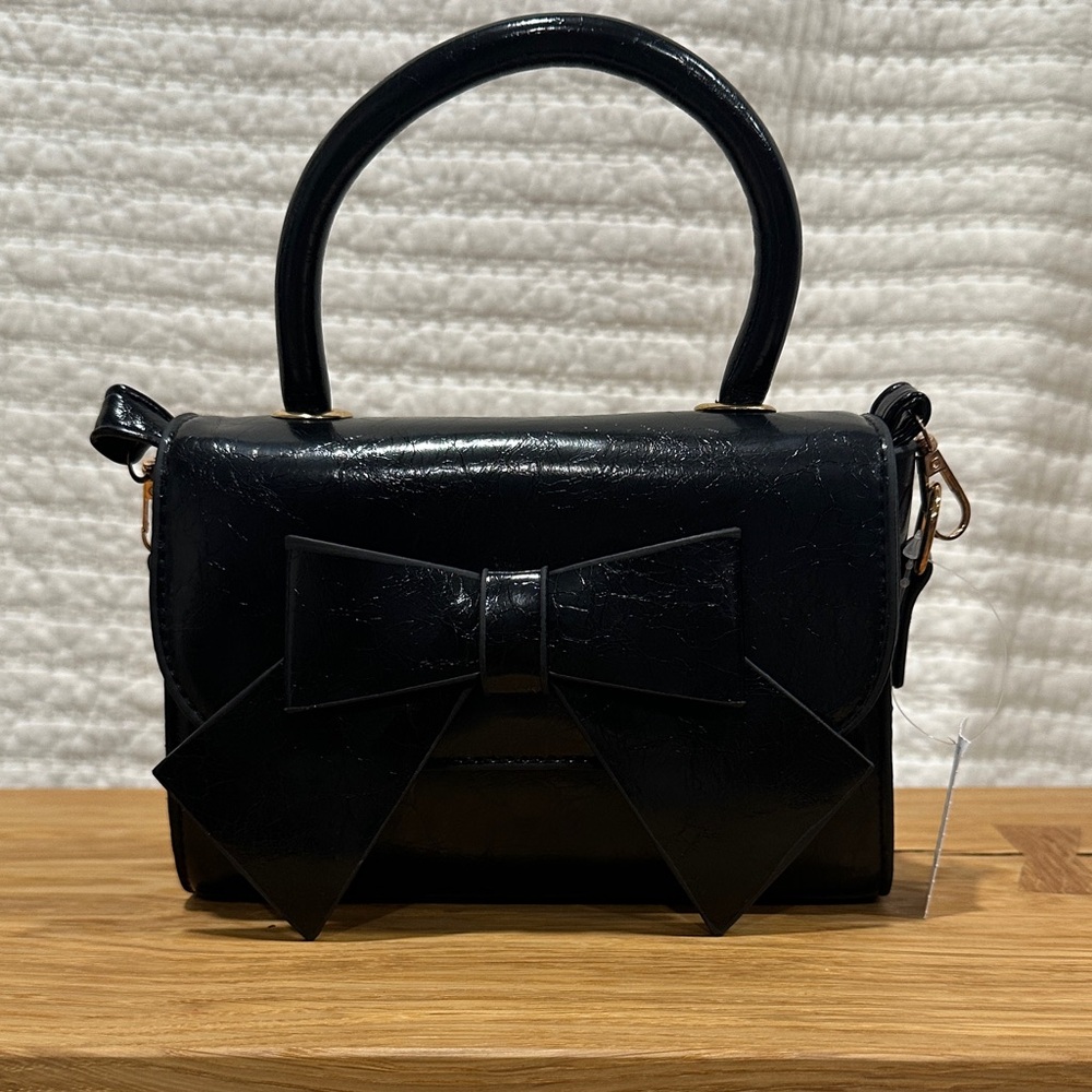 Black Bow Crossbody Mini Faux Leather Handbag NWT